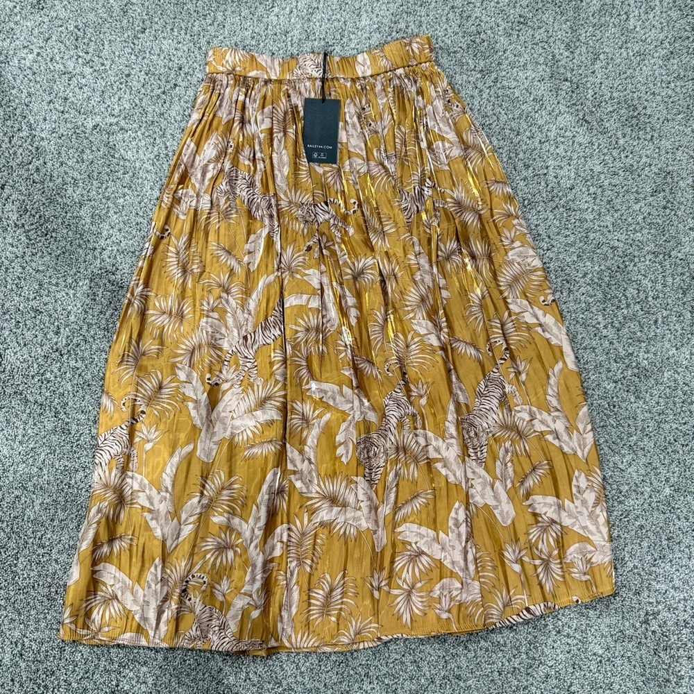 NWT Bailey 44 Pleated Midi Elastic Waist Skirt Tiger Print Satin Modest Women S